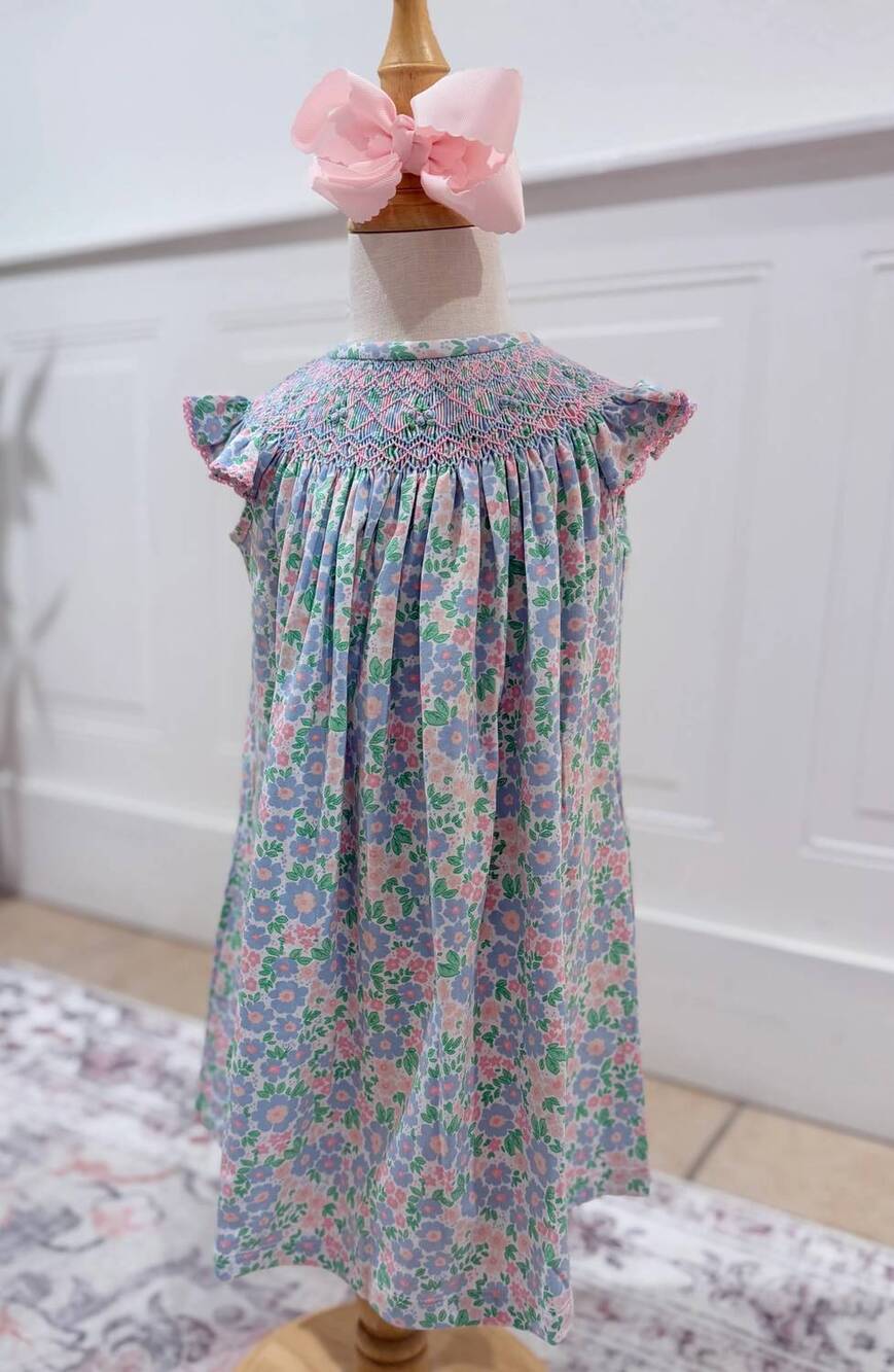 NEW THREE SISTERS girls happy daisy smocked bishop dress in blue